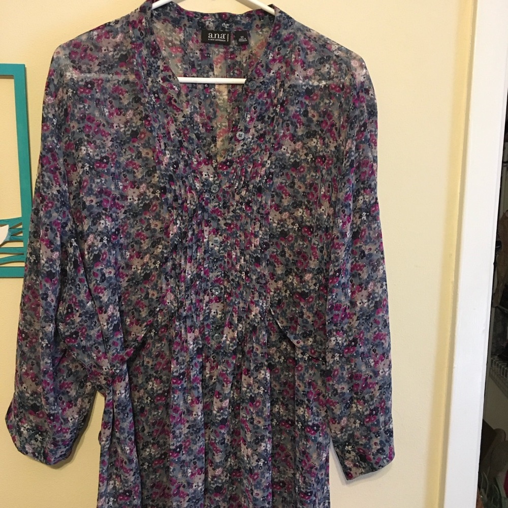 a.n.a Multicolor Sheer Floral Button-Up Blouse, small pleats at bodice and back